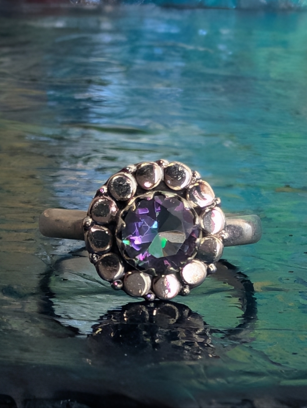Sterling Silver Floral Halo Ring with Purple Mystic Quartz Size 7